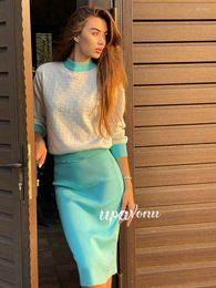 Work Dresses Casual Colorblock Women's Knit Skirt Set 2022 Fall Stand Collar Long Sleeve Plaid Pullover & Knee Two-piece