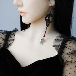 Black Skull Earring Halloween Black Chain Red Crystal Beading & Silver Rose Skulls Earrings Party Girls Cool Jewellery