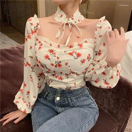 Women's Blouses Korean Chic Sexy Slash Neck Print Chiffon Shirt Women Long Sleeve Casual Floral Blouse Woman Sweet Fashion Summer Tops 14928