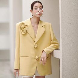 Women's Suits Sweet 3D Elegant Flowers Yellow Suit Jacket For Women 2022 Fall Winter Clothes Loose Office Ladies Blazer Coat OuterWear Top