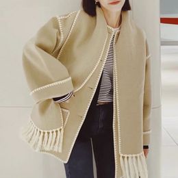 Women's Wool Blend Single Breasted Jacket Autumn Winter Black Scarf Collar Embroidery White Fringed Cardigan Female Contrast Color Coat 221105