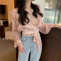 Women's Blouses Spring Autumn Women Ruffles Blouse Sweet V-Neck Floral Print Chiffon Female Tie Bow Long Sleeve Shirt Short Tops AB1907