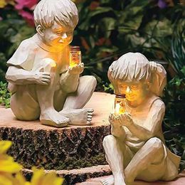 Garden Decorations Boy Girl Light Resin Statue Artistic Figurine Make A Wish Ornament Retro Vintage Decoration For Outdoor Patio