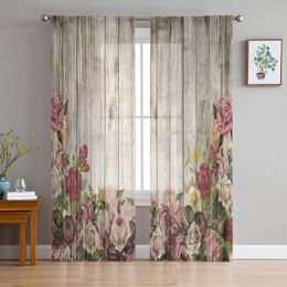 Curtain Wood Grain Flower Retro Screens Voile Tulle Sheer Curtains For Bedroom Living Room Kitchen Decor Chiffon Windows