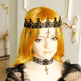 Baroque Black Lace Headband Charcoal Gemstone & Bronze Cross Vampire Lace Headbands Dark Gothic Lolita Hair Accessories