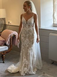 Bohemian Lace Mermaid Wedding Dresses Summer Beach Bridal Gowns Sleeveless Spaghetti Straps Long Robe De Mariee Backless 2023