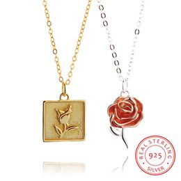 Sterling 100% 925 Silver Rose Pendant Necklace Gold Plated Romantic Necklaces Jewellery New Design For Valentine's Day Gift