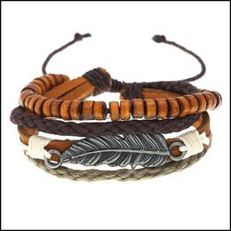 Bangle Bangle Jessingshow Charm Rope Wood Beads Mtilayer Leather Man Bracelet Beaded Alloy Feather Accessories Bangles Chain Drop De Dh0Sk