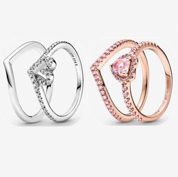 Sparkling Pink Heart Wishbone Wedding Ring Set DIY fit Pandora style Women christmas jewelry