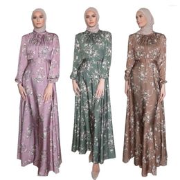 Ethnic Clothing Women Celebrity Muslim Style Soft Waist Big Swing Longuette Floral Print Dubai Abaya Turkey Elegant Satin Party Dress
