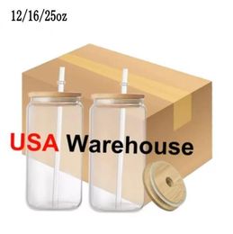 2022 new 12oz 16oz 25oz Sublimation Glass Beer Mugs Glass Water Bottle Beers Can Tumbler Drinking Glasses With Bamboo Lid And Reusable Straw Iced Coffe