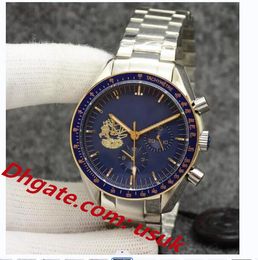 Mens Watches Eyes on the stars Watch Chronograph sports Battery Power limited Two Tone Gold Blue Dial Quartz Professional Dive Wristwatch Steel Strap original box