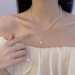 Pendant Necklaces Double Layer Fashion Kpop Heart Pearl Choker Necklace For Women Clavicle Chain Elegant Charm Wedding Jewellery Gift