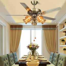 American Style Retro 48" Led Ceiling Fans With Light Remote Control Wood Iron Blades Kapok Lampshade Reverse