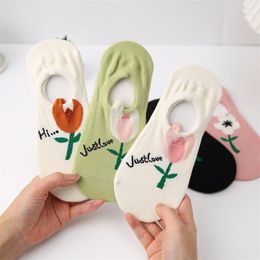 Women Socks Spring And Summer Boat Tulip Flower Design Elastic Cotton Silicone Invisible Sock Slippers Harajuku Hosiery