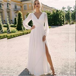 A-Line Wedding Dress Simple V-Neck Bohemian Robe De Mariee Slit Long Sleeve Floor Length Chiffon Bridal Gowns