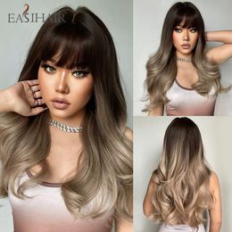 Long Wavy Wigs Ombre Brown Ash Synthetic Wigs with Bang for Women Daily Cosplay Party Heat Resistant Women Hair Wigsfactory direct