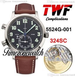 GRF Calatrava Pilot Travel Time Complications Mens Watch Cal.324 SC FUL A324 Automatic 5524G-001 Blue Dial Steel Case 5524 Brown Leather Strap Timezonewatch