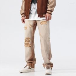 Men's Jeans 2022Fashion Classic Distressed Unisex Men's Street Casual Pants Trend Baggy Straight Hip Hop Light Brown