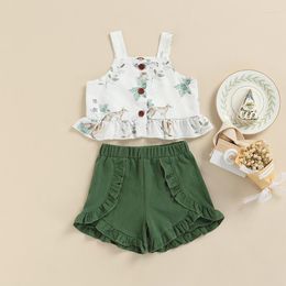Clothing Sets 2022 Summer Baby Girl Shorts Square Neck Floral Suspender Buttoned Camisole Pleated Children's