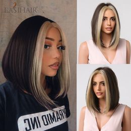 Short Straight Synthetic Wigs Brown Highlight Blonde Middle Part Bob Wigs for Black Women Daily Heat Resistant Fibersfactory direct