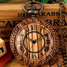 Pocket Watches Wood Watch Men's Bronze Roman Numerals Dial Quartz FOB Retro Embossed Leaves Surrounding 38cm Hook Chain Clock