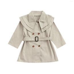 Coat Emmababy Little Girl Solid Colour Overcoat Long Sleeve Lapel Collar Buttoned Loose Jacket With Pockets Waistbelt Kids Clothing