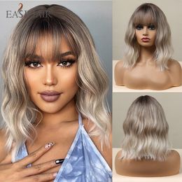 Bob Ombre Brown Blonde Wavy Wigs with Bang Shoulder Length Natural Synthetic Wigs for Women Daily Heat Resistant Fibersfactory direct