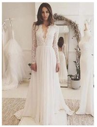 Boho Wedding Dress Long Sleeve Lace Appliques Chiffon Wedding Gown Summer Beach Bride Dresses Robe