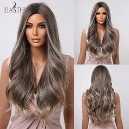 Ombre Brown Gray Ash Synthetic Long Wavy Wigs Middle Part Mixed Blonde Wig for Black Women Daily Cosplay Heat Resistantfactory direct