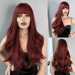 Hair Lace Wigs Bangs Long Curly Hair Wine Red Set Party Wig 26in
