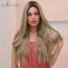 Long Water Wave Synthetic Lace Front Wigs Light Brown with Dark Roots Heat Resistant Lace Frontal Hair Wigs for Womenfactory direct