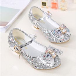 Flat Shoes Girls Crystal Sequin Princess Kids Glitter High Heel Butterfly Bow Solid Color Ankle Strap Mary Jane Non-slip 26-38