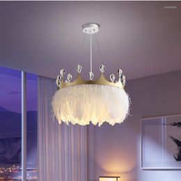 Pendant Lamps Romantic Feather Lamp LED E27 Crystal Crown Living Room Bedroom Warm Hanging Light Fixtures Wire Adjustable