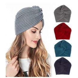 Women's Knitted Turban Hat Bohemia Cashmere Cross Wrap Head Lndian Wool Bonnet Turbante Cap GC1781