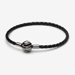 Charm 925 Sterling Silver Moments Concentric Knot Woven Leather Bracelet Chain Classic Round Clasp Fashion Women Wedding Engagement Jewellery Accessories