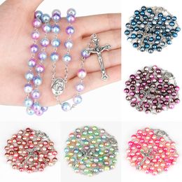 12 colori religione cravatta rosario per donne vergine cristiana mary jesus cross cipollano perle lunghe catene regalo di moda