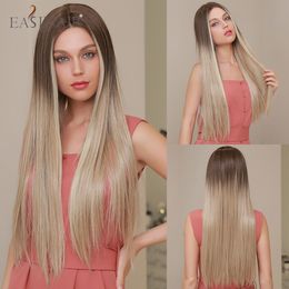 Long Straight Ombre Light Blonde With Brown Roots Synthetic Part Lace Wigs for Women Natural Hair Heat Resistant Fiberfactory direct