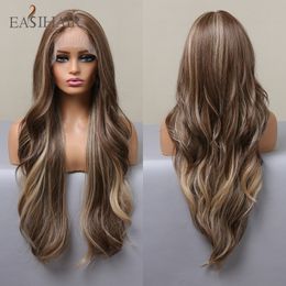 Dark Brown Lace Front Wigs with Blonde Highlight Long Synthetic Wavy Hair Wigs for Black Women Heat Resistant Fiberfactory direct