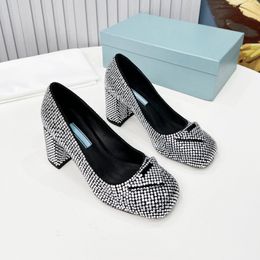 Satin Heeled Loafers With Crystals Shoes Block Heels Pumps Women Silver Crystal Moccasins Chunky Rubber Monobloc Sole