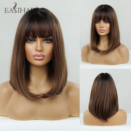 Shoulder Length Bob Wigs with Bang Dark Brown Natural Synthetic Hairs for Women Daily Cosplay Heat Resistant Fibre Wigsfactory direct