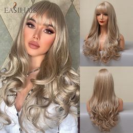 Long Light Golden Blonde Synthetic Wavy Wigs with Bangs Heat Resistant Cosplay Wigs for Women Daily Party Natural Hairfactory direct