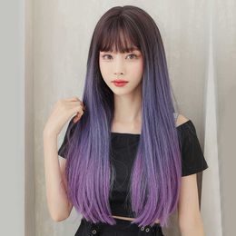 Hair Lace Wigs Wig Female Blue Gradient Long Straight Air Bangs Top Hair Fashion Purple Head Set