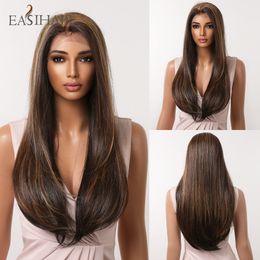 Lace Front Synthetic Wig Long Straight Brown Mixed Golden Lace Wigs for Women Daily Cosplay High Density Heat Resistantfactory direct
