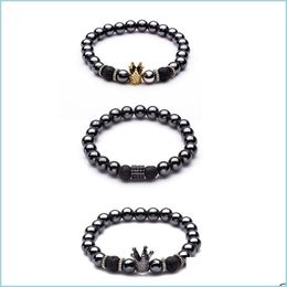 Beaded 8Mm Black Hematite And Volcanic Stone Beaded Men Bracelet For Women Crown Male Hand Chain Bracelets Lovers Fashion Jewellery Dr Dhim7