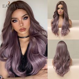 Long Wavy Ombre Brown Purple Synthetic Wigs for Women Heat Resistant Natural Middle Part Cosplay Party Lolita Hair Wigsfactory direct