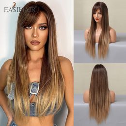 Ombre Brown Long Straight Synthetic Wig with Side Part Bangs Heat Resistant Hair Wigs for Woman Daily Cosplay Partyfactory direct