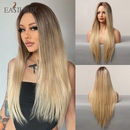 Long Straight Synthetic Wigs for Women Ombre Brown Golden Blonde Middle Part Heat Resistant Cosplay Wig Natural Hairfactory direct