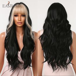 Black Long Wavy Synthetic Wigs with White Bangs Natural Halloween Hair Wig for Black Women Daily Cosplay Heat Resistantfactory direct