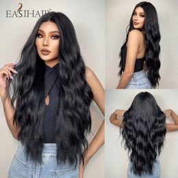 Long Black Water Wave Lace Front Synthetic Wigs with Baby Hair for Black Women Daily Cosplay T Part Wigs Heat Resistantfactory direct